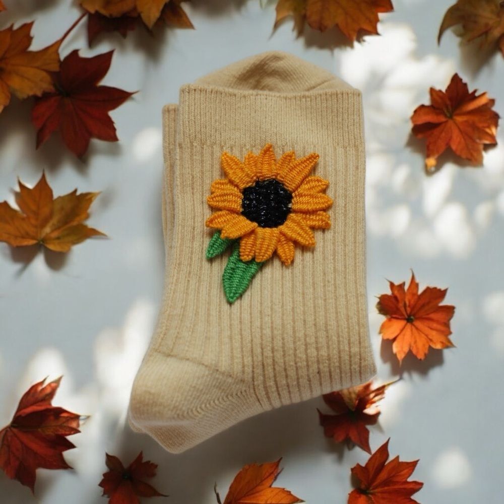 New light yellow hand embroidered flower socks, sunflower handmade socks